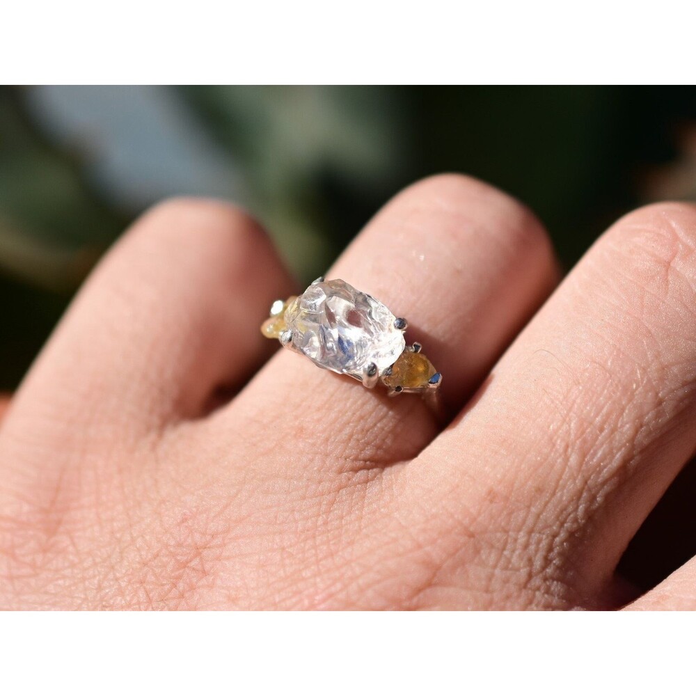 Custom yellow Montana sapphire ring raw emerald shaped clear quartz size 4 5 6 7